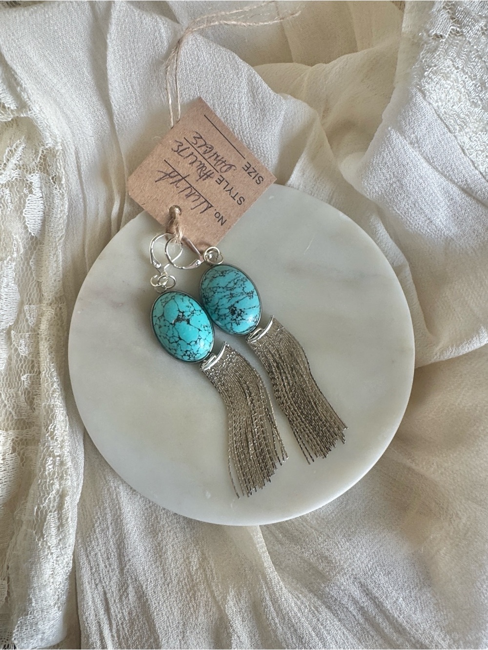 Howlite Turquoise Color Stone Silver Tassel Earrings